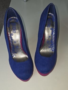Ash cobalt blue suede platform pumps with pink sole